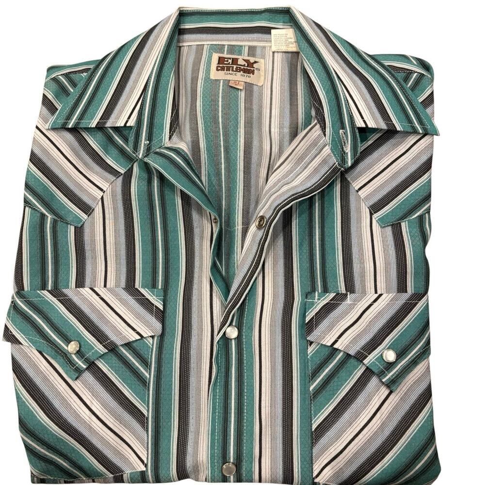 Ely Cattleman Teal Green Light & Dark Gray Striped S/S Pearl Snap Shirt Medium